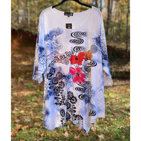 2 CSC STUDIO Abstract Floral Tunic Top Shirt White Blue SZ 1X C100142 - Picture 4 of 7